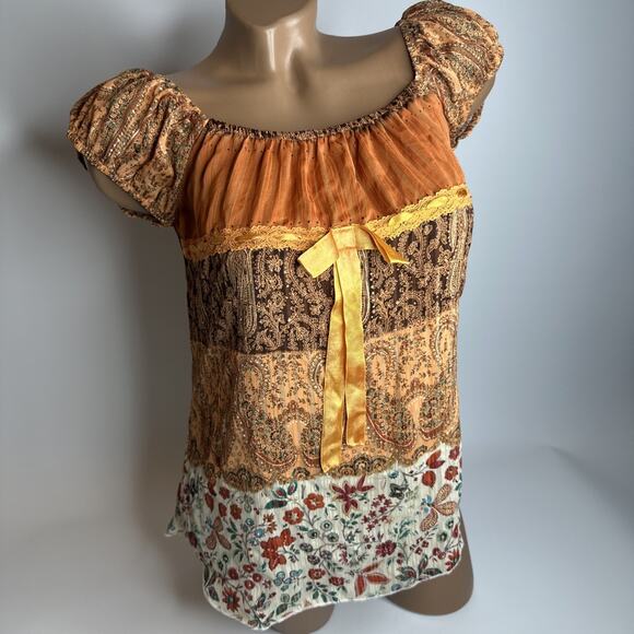 Sheng Fashion Tops - Vintage Boho Patchwork Size Small Top Puff Sleeve Floral Paisley Y2K Milkmaid